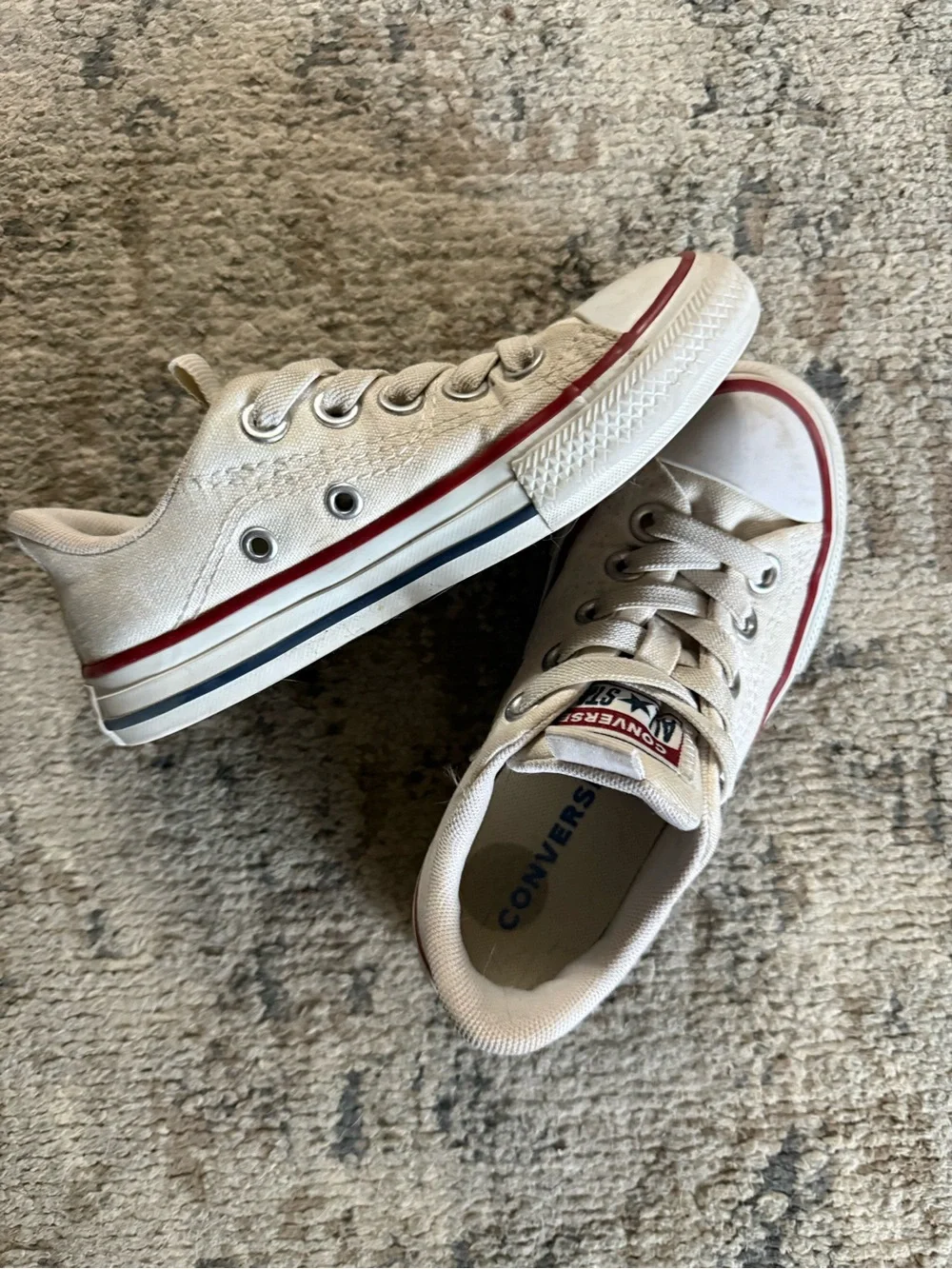 Converse Kids Low Top Canvas Sneakers in White with Red & Navy Stripes